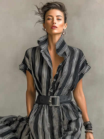 Vestido maxi feminino de chiffon listrado estampado, com gola de lapela e mangas curtas