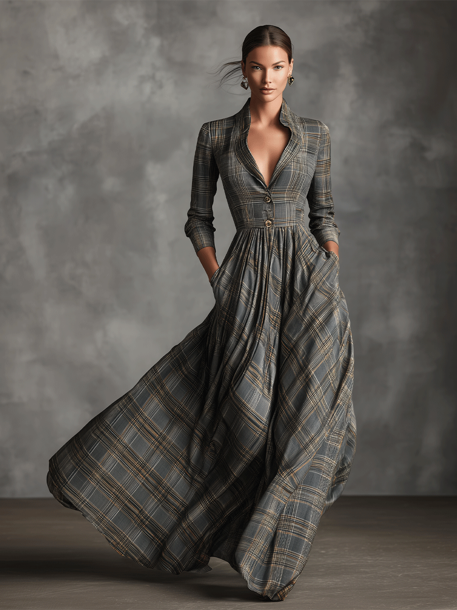 Damen-Maxikleid in Grau mit elegantem Tartanmuster aus Leinenmischgewebe und ausgestelltem Schnitt
