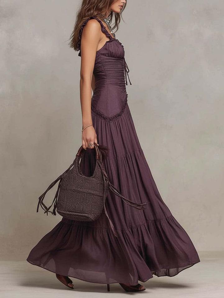 Vestido maxi de gasa con volantes bohemios, fruncido y en capas