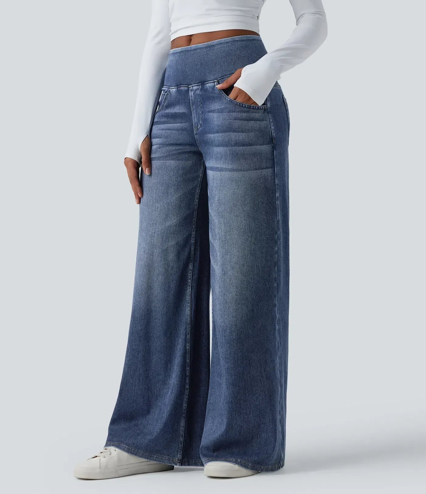 Velouré Flex™ afslappede, baggy jeans med mellemhøj talje, draperet vask, brede ben og lommer