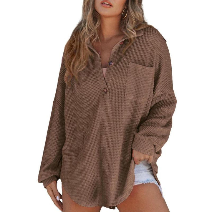 RHANNON™ - Suéter casual de manga larga con cuello en V y tejido waffle oversize