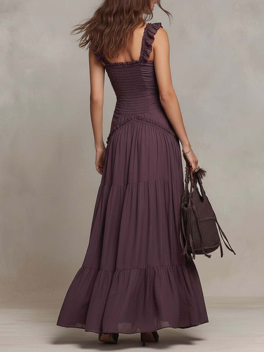 Vestido maxi de gasa con volantes bohemios, fruncido y en capas