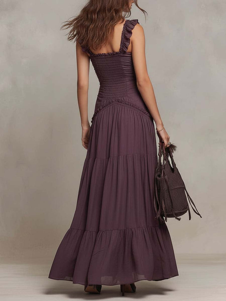 Vestido maxi de gasa con volantes bohemios, fruncido y en capas