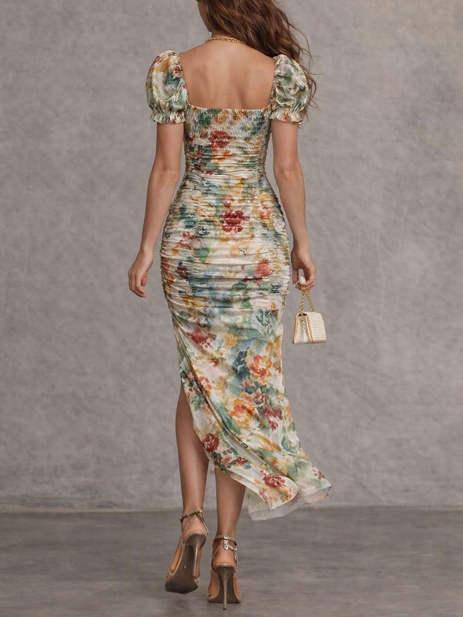 Retro und elegantes, gerafftes Midi-Kleid mit quadratischem Ausschnitt und Blumenmuster