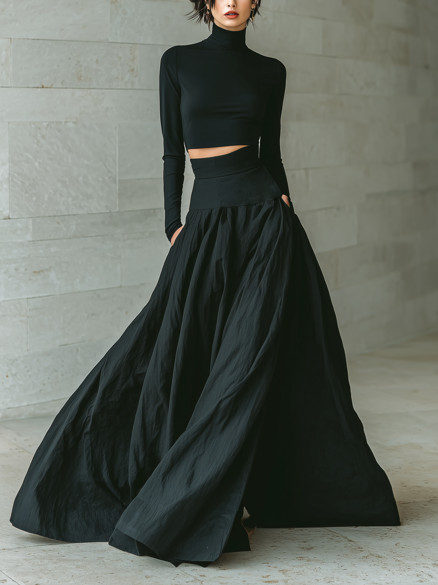 Women's Fashionable And Elegant Black Fitted Turtleneck Long-sleeved Cropped Top Paired With A Black Long Skirt