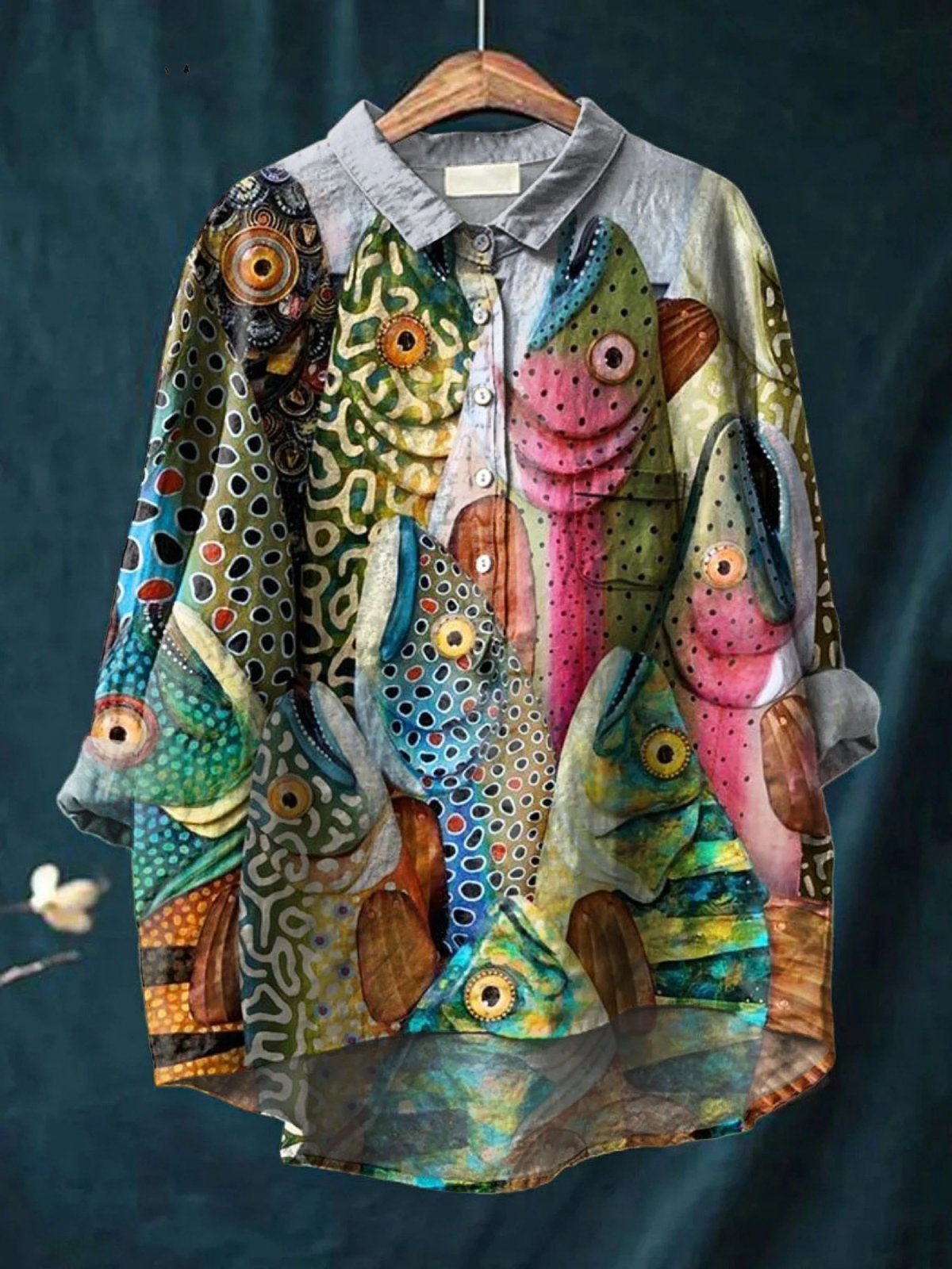 Esme | Camisa casual con estampado de arte vintage de pez divertido