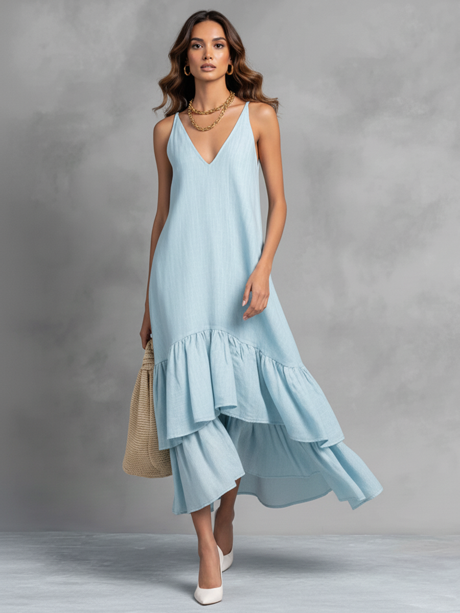 Women's Light Blue Cotton Linen Sleeveless V-Neck Ruffle Hem Maxi Dress