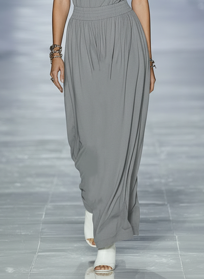 Langes Damen-Maxikleid aus elastischem Strick mit Polokragen und kurzen Ärmeln im Casual-Stil