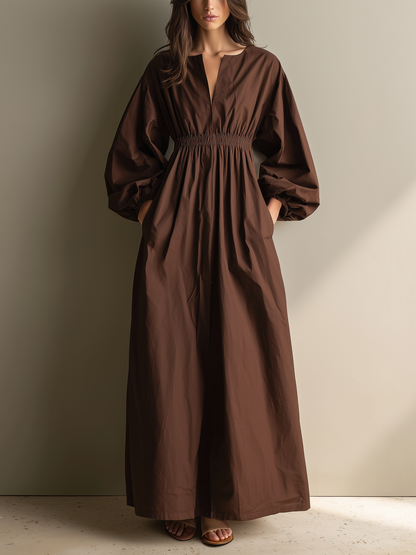 Women's Casual Brown Cotton And Linen V-neck Long-sleeved Maxi Dress With Elastic Waist
