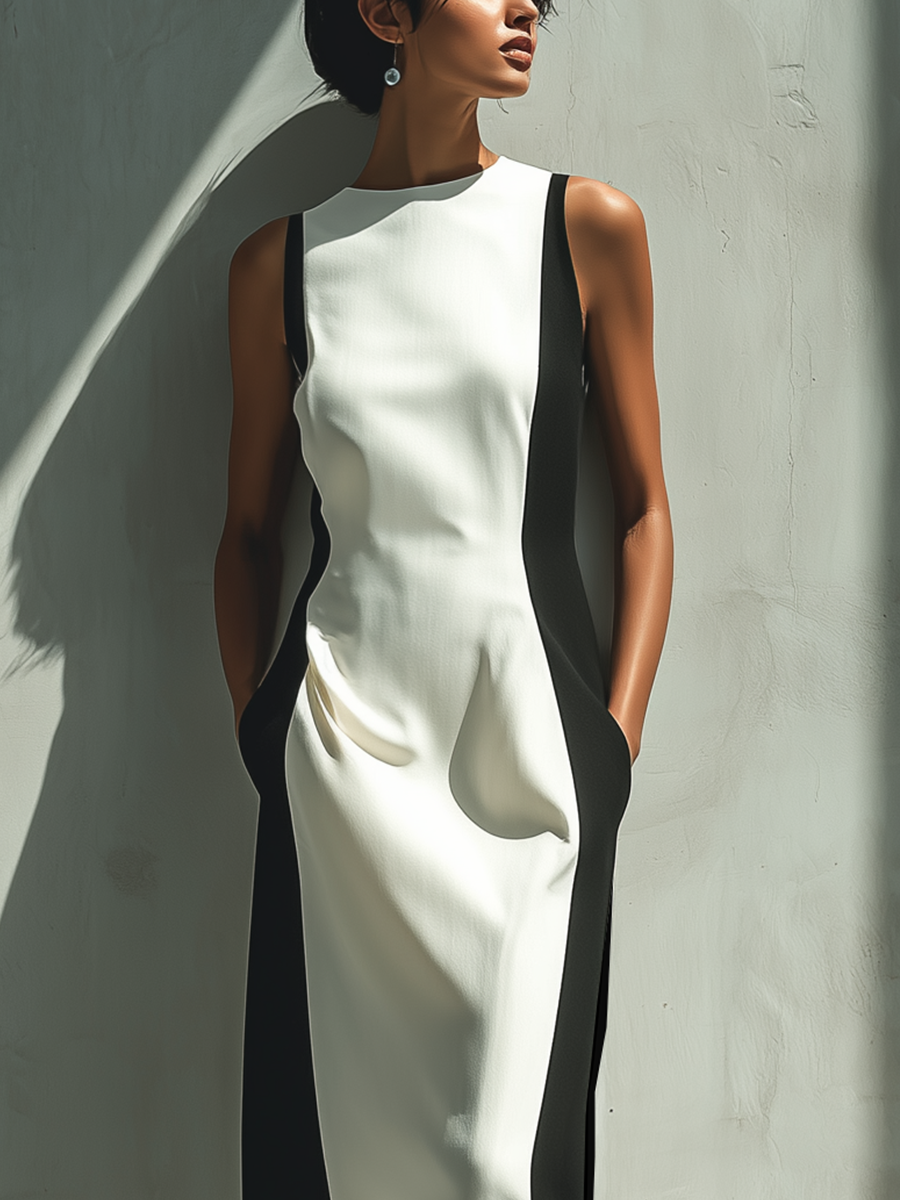 Schwarz-weißes ärmelloses Maxikleid für Damen mit figurbetontem Oberteil und Seitentaschen
