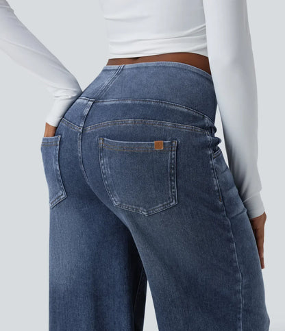 Velouré Flex™ afslappede, baggy jeans med mellemhøj talje, draperet vask, brede ben og lommer