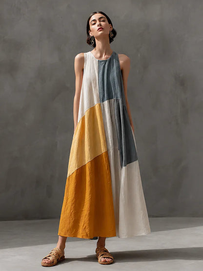 Soleil | Patchwork Cotton-Linen Sleeveless Maxi Dress
