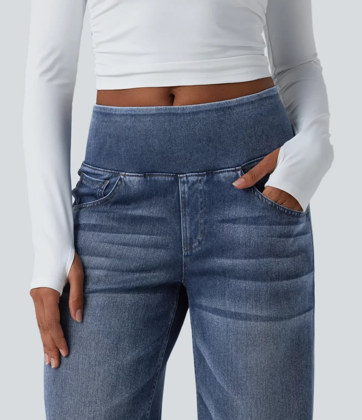 Velouré Flex™ afslappede, baggy jeans med mellemhøj talje, draperet vask, brede ben og lommer