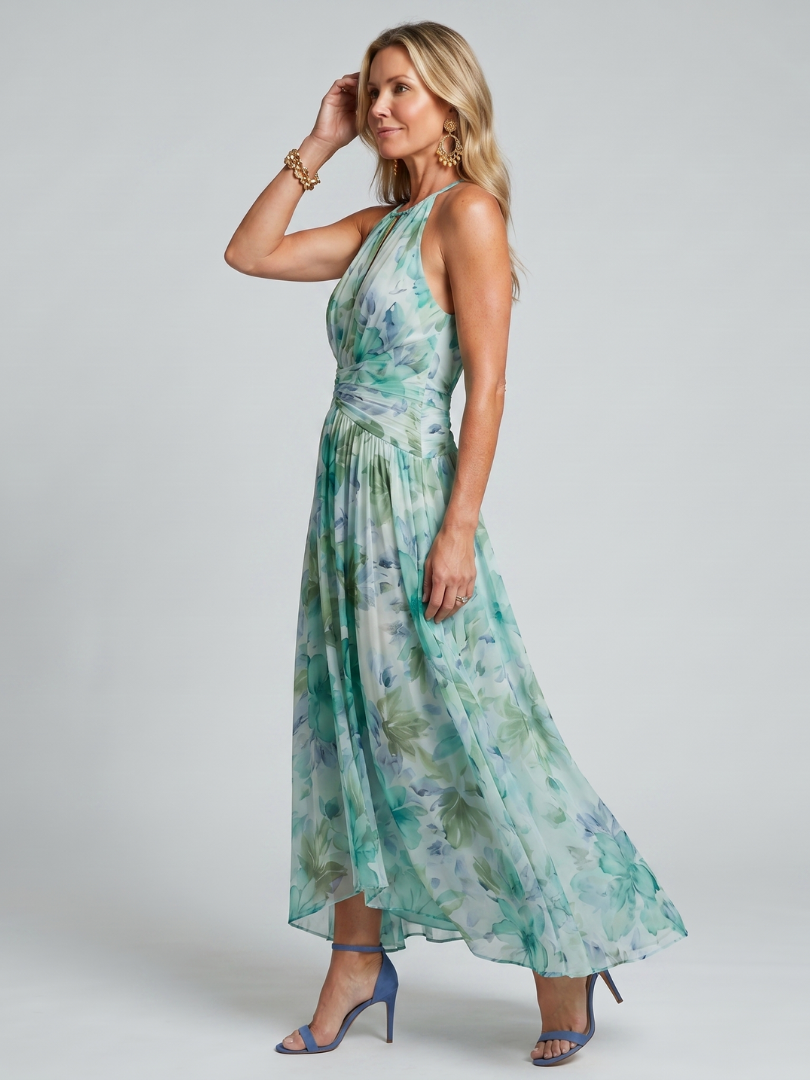 Portia | Vestido midi plisado con cuello halter y suave estampado floral