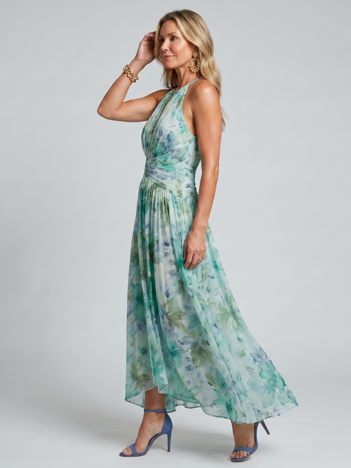 Portia | Vestido midi plisado con cuello halter y suave estampado floral