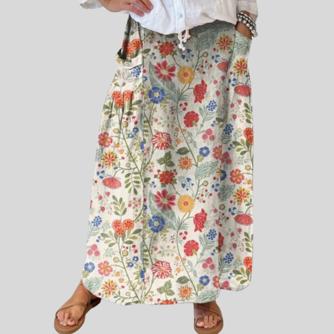 Damenrock aus Leinen mit Blumenmuster, elastischem Bund und Taschen