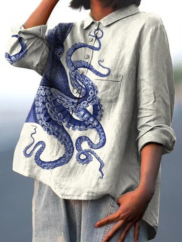 Amelia | Camisa Casual Feminina com Estampa Artística de Tentáculos de Polvo do Mar Profundo