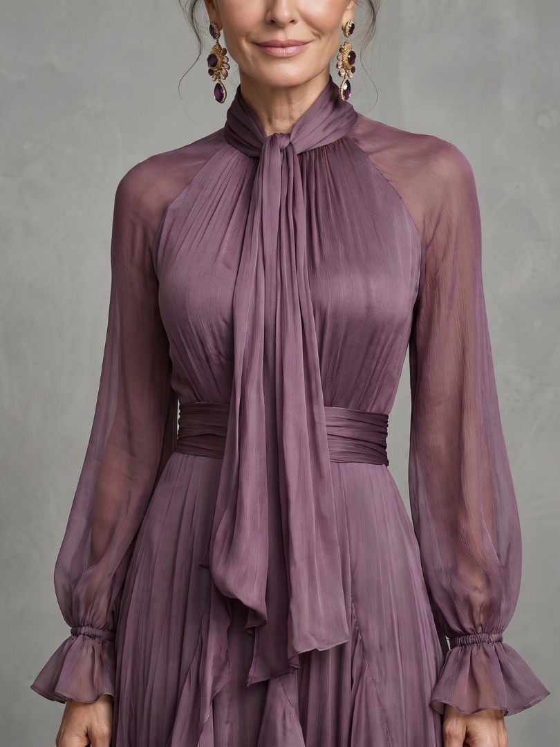 Demetria | Vestido maxi de volantes con cuello atado y capas