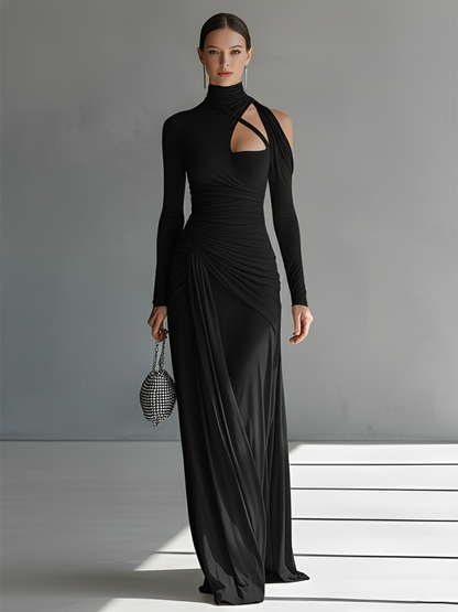 Women's Grey Silky Stretch Sophisticated Ruched Detail Cut-Out Maxi Dress