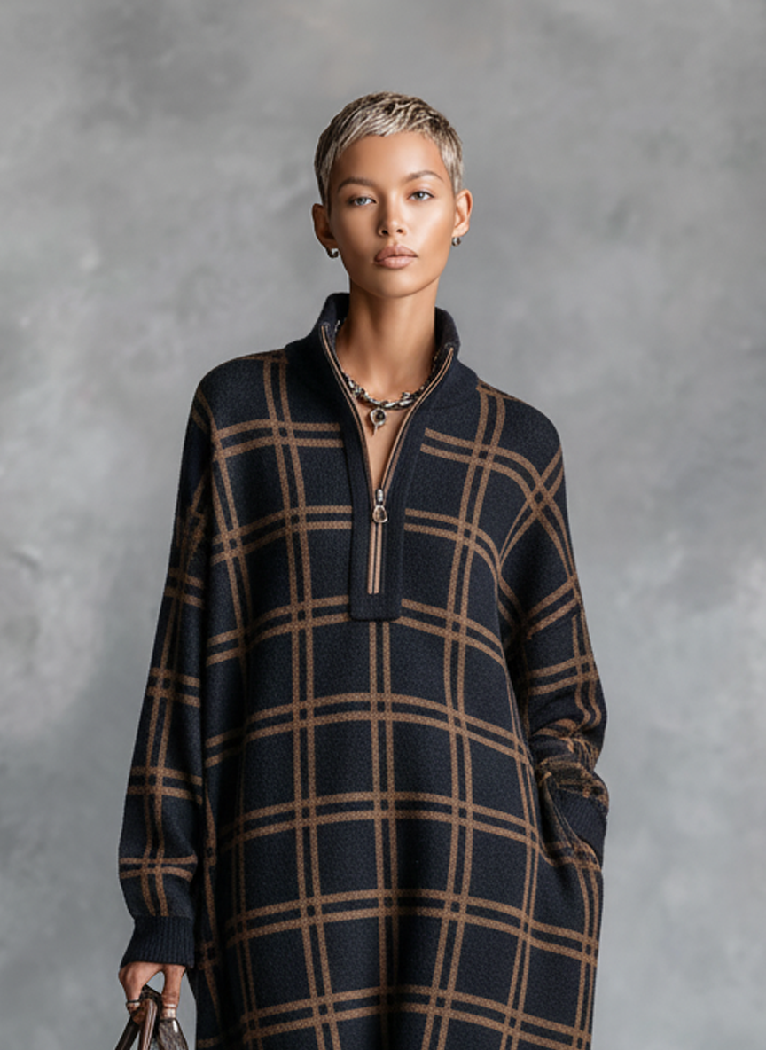 Vestido longo de tricô feminino, soltinho, xadrez e com zíper na gola