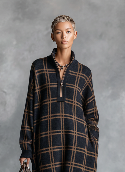 Vestido longo de tricô feminino, soltinho, xadrez e com zíper na gola