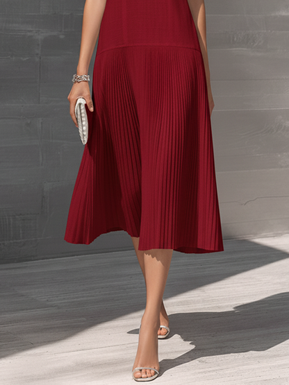 Burgunderfarbenes ärmelloses Damen-Midikleid mit V-Ausschnitt und plissiertem Saum