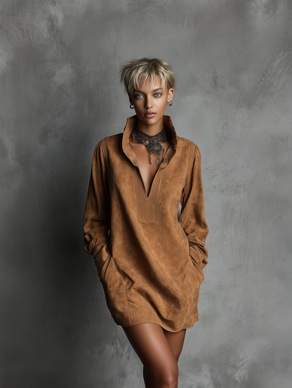 Vestido casual feminino de camurça com decote em V, estampa em relevo e mangas longas
