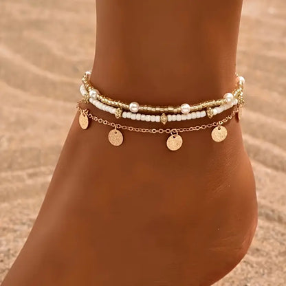 Conjunto de 3 tobilleras superpuestas Coastal Charm | Dorado