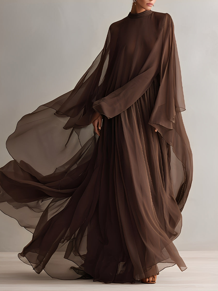 Women's Rich Brown Chiffon Dress With Flowy Maxi Silhouette & Cape-like Design, Modern Elegant-Glam Style Dress