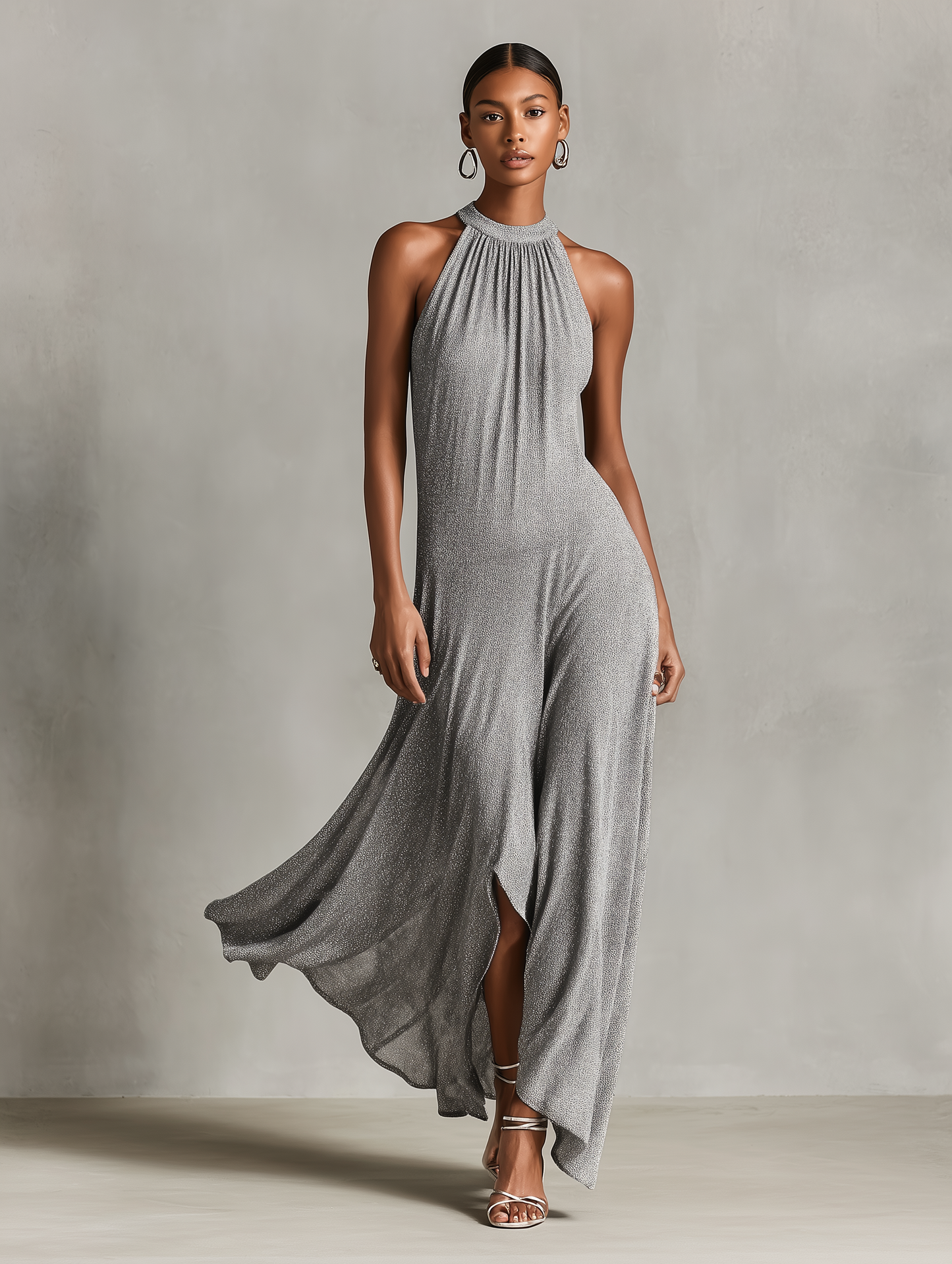 Women's Silver Metallic Knit Dress With Halter Neck & Asymmetric High-Low Hem, Timeless Evening-Glam Style Dress