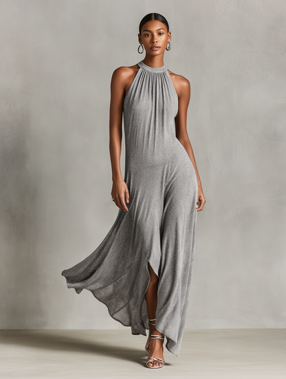 Women's Silver Metallic Knit Dress With Halter Neck & Asymmetric High-Low Hem, Timeless Evening-Glam Style Dress