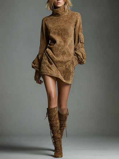 Women's Vintage Loose Suede Turtleneck Mini Dress