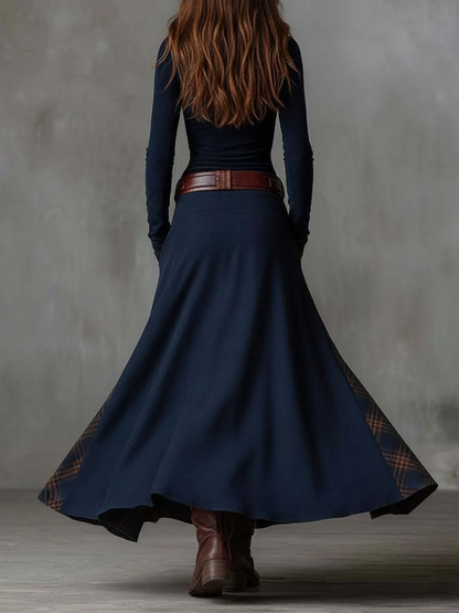 Vestido longo vintage de camurça azul-marinho com painéis xadrez (com cinto)