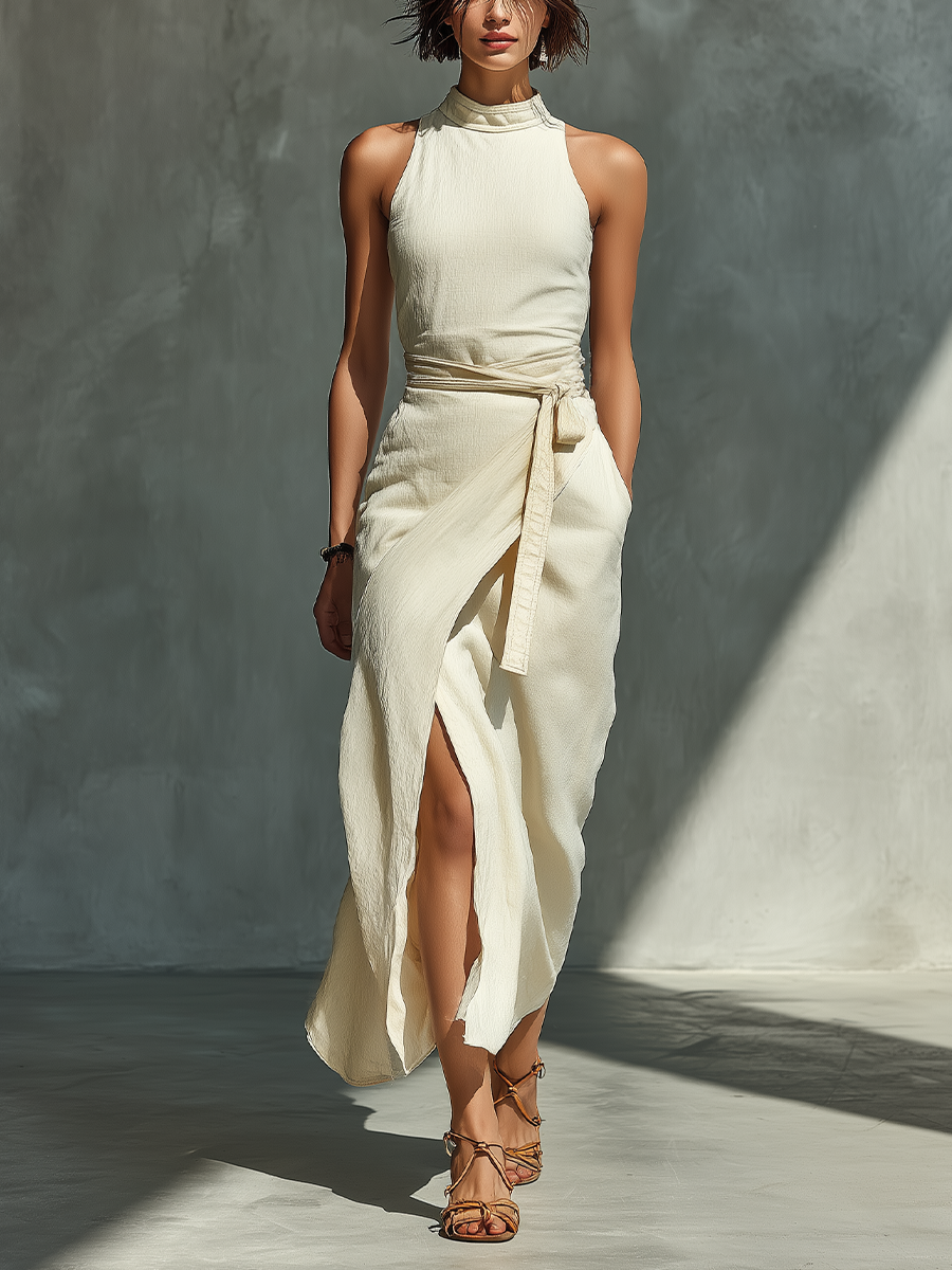 Cremefarbenes Damen-Midikleid mit Neckholder, Wickelrock und Taillenband-Detail