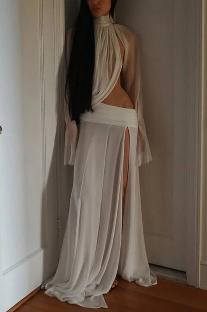 Lucia - Draped High-Neck Top and Slit Maxi Skirt Set