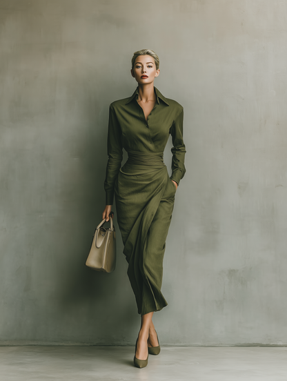 Vestido maxi feminino verde-oliva de algodão misto