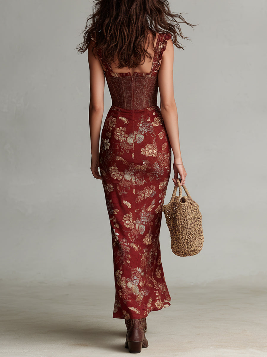 Vestido largo con estampado floral estilo corsé y abertura alta