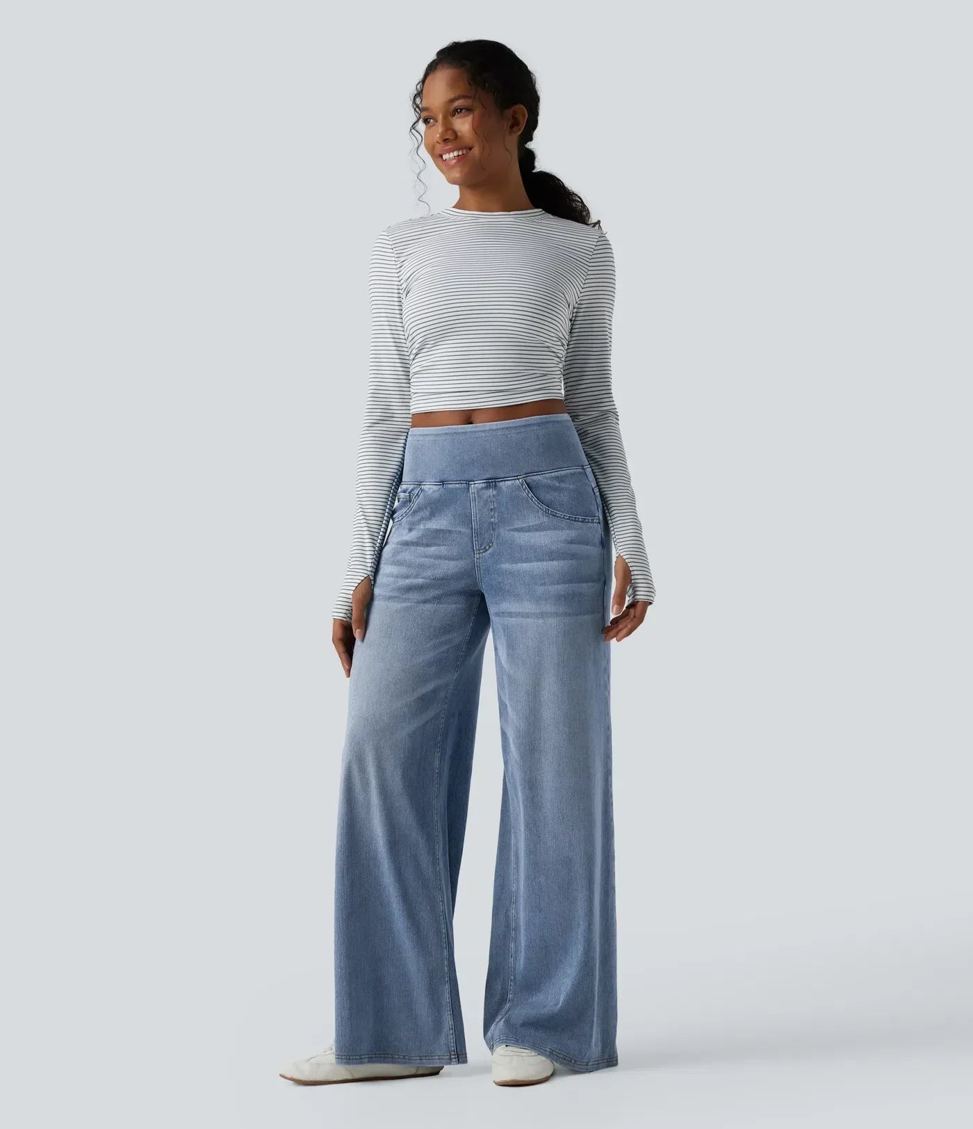 Velouré Flex™ afslappede, baggy jeans med mellemhøj talje, draperet vask, brede ben og lommer