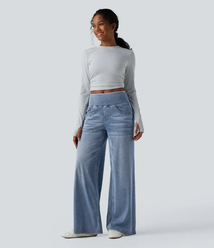 Velouré Flex™ afslappede, baggy jeans med mellemhøj talje, draperet vask, brede ben og lommer