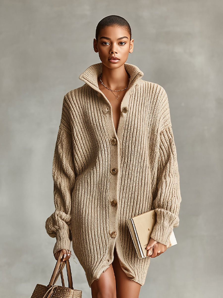 Vestido cardigan mini oversized elegante de camelo com botões frontais feminino