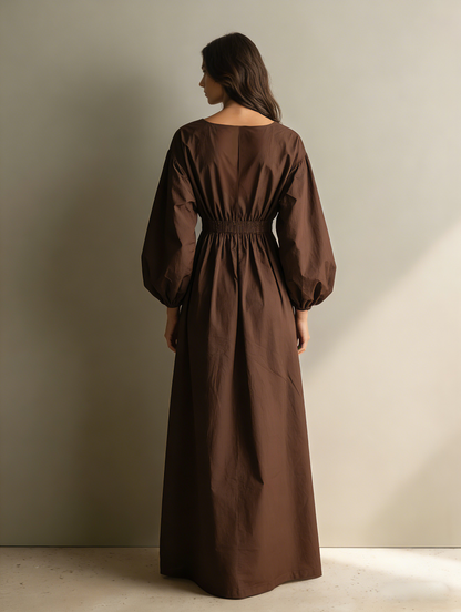 Women's Casual Brown Cotton And Linen V-neck Long-sleeved Maxi Dress With Elastic Waist