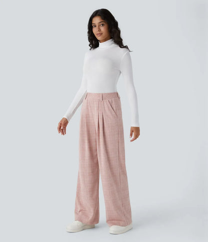 High Waisted Pocket Wide Leg Houndstooth Plaid Casual Pants
