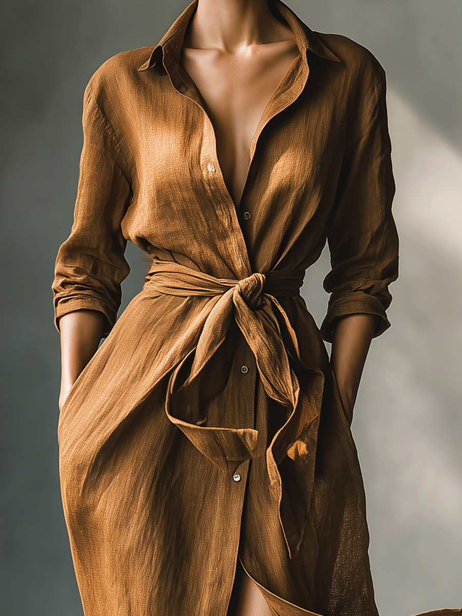 Vestido maxi camisa feminino vintage marrom de tecido misto