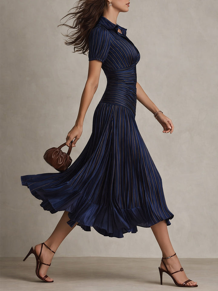 Retro stribet satin plisseret bodycon midi-kjole