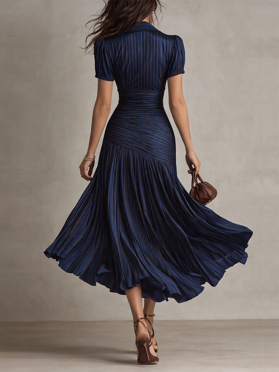 Retro stribet satin plisseret bodycon midi-kjole
