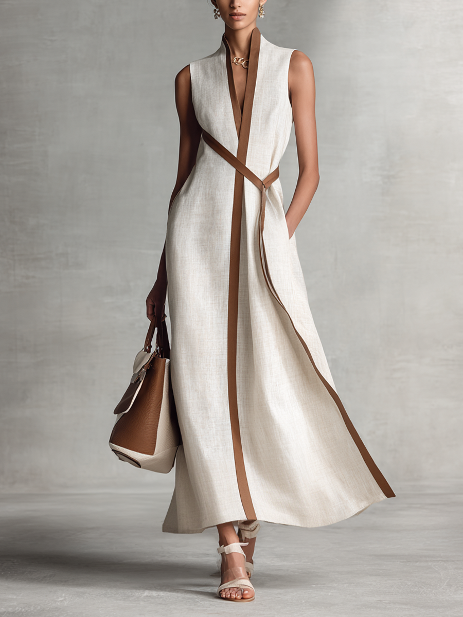 Vestido largo de algodón y lino para mujer, sin mangas, con escote en V y cintura ajustable con lazo