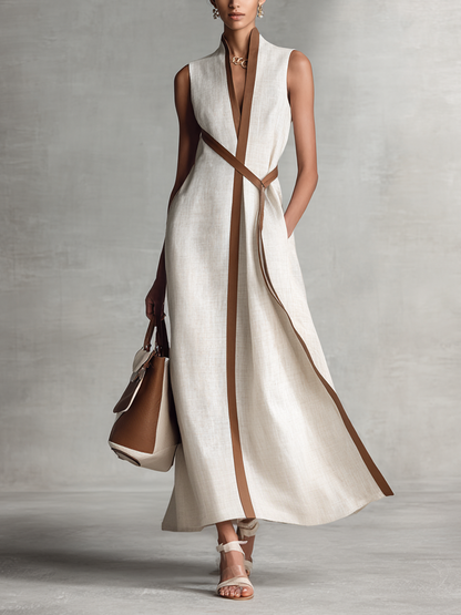 Vestido largo de algodón y lino para mujer, sin mangas, con escote en V y cintura ajustable con lazo