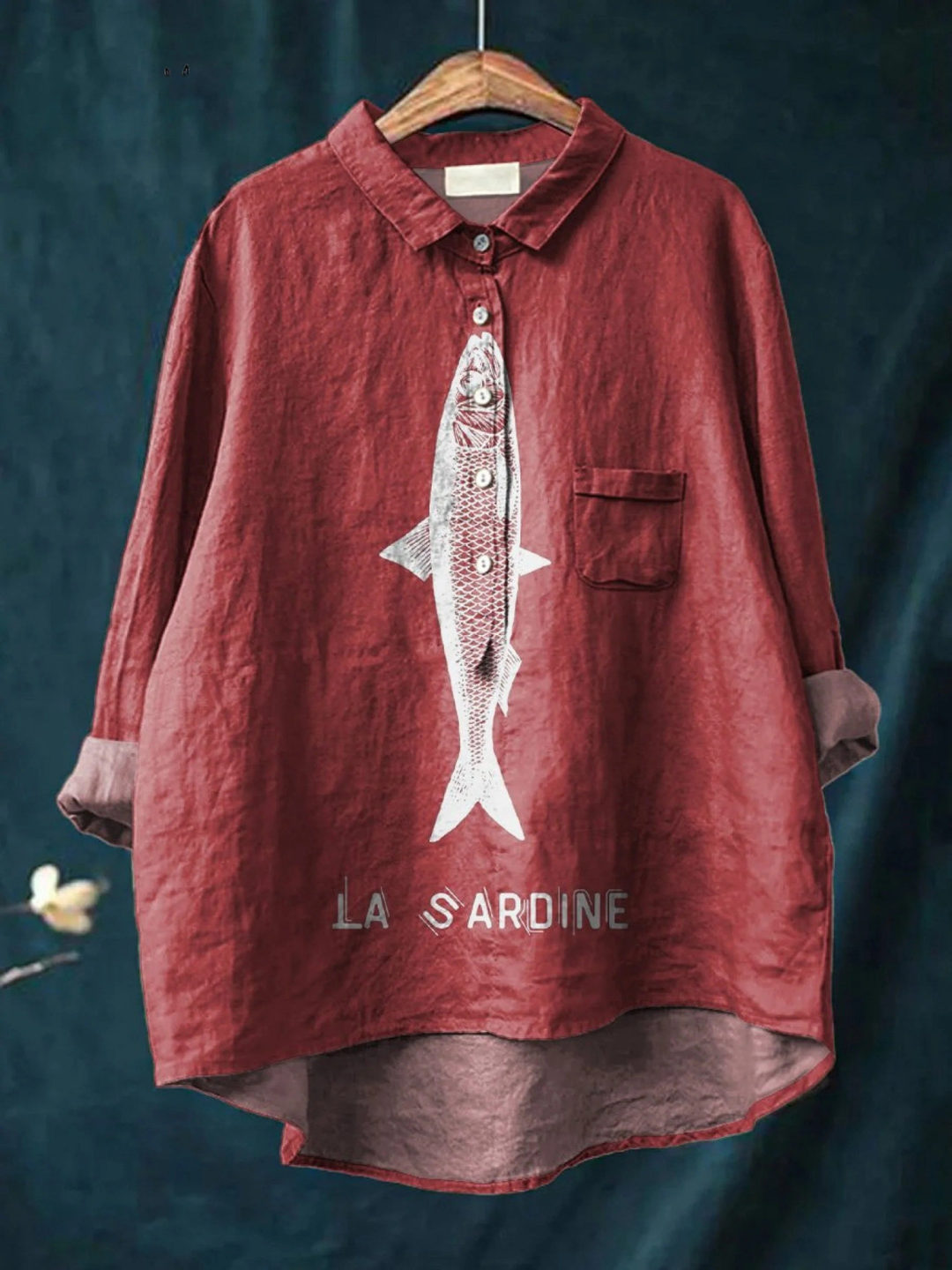 Sophie | Camisa Casual Feminina com Estampa Gráfica de Peixe Sardinha