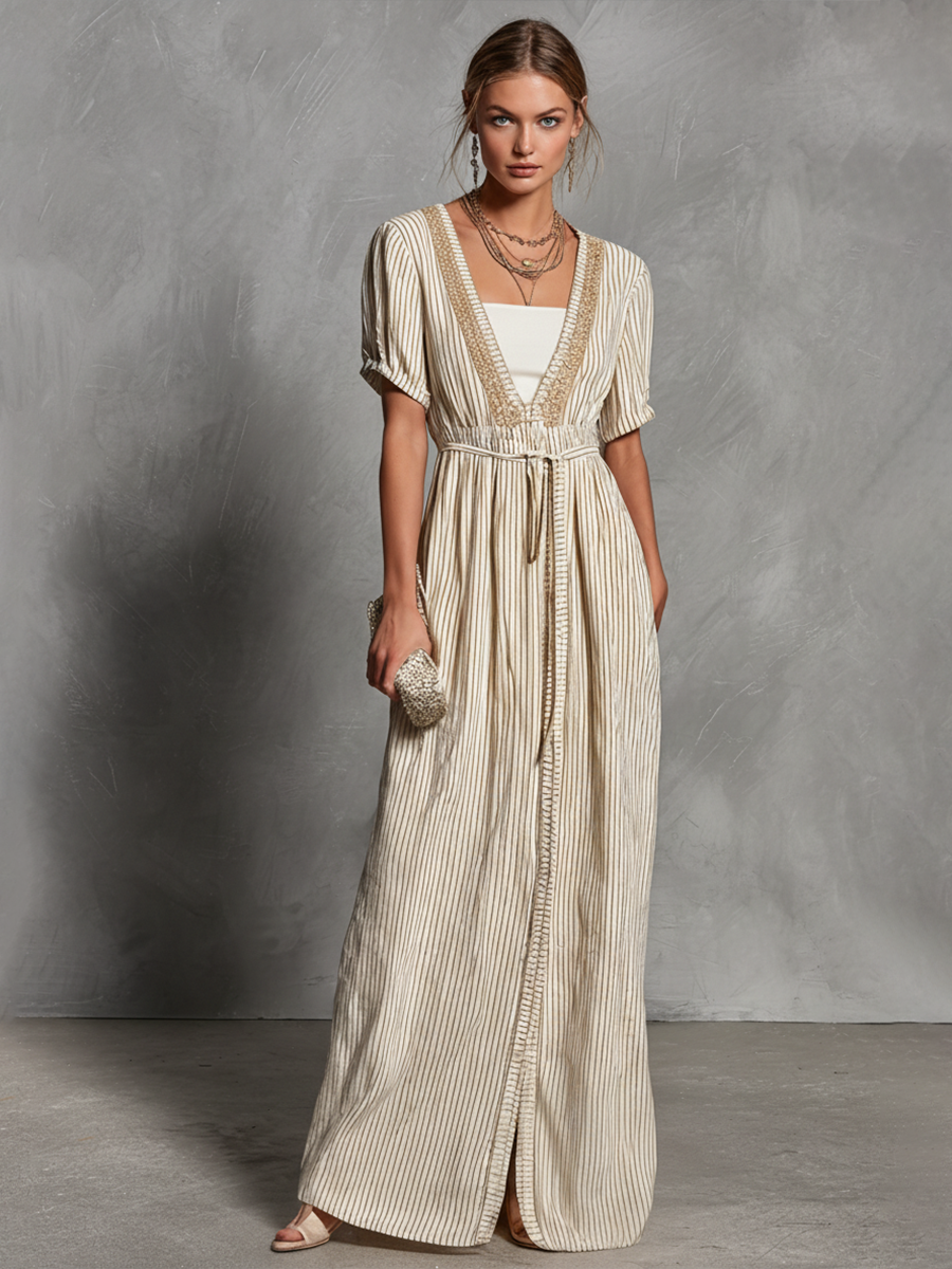 Beigefarbenes Damen-Maxikleid mit Streifen, zweiteiliger Optik, kurzen Ärmeln und V-Ausschnitt