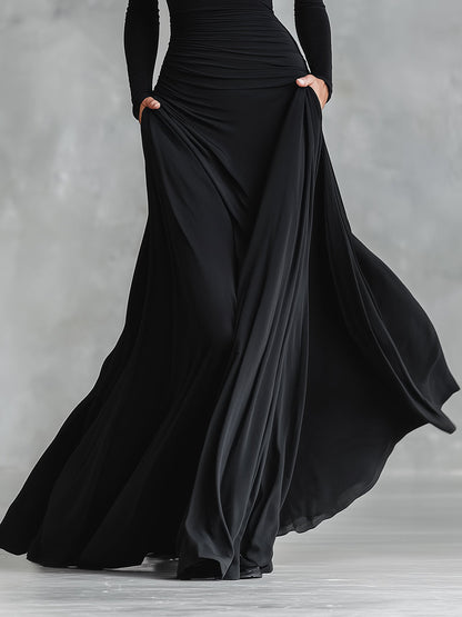 Vestido maxi feminino preto moderno de crepe com franzido e decote canoa